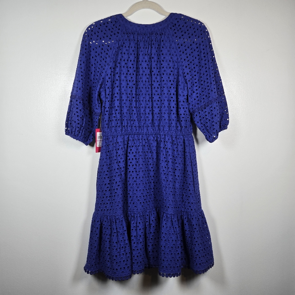 NEW Vince Camuto Blue Eyelet Fit & Flare Cotton Tassle Waist Midi Dress Size 6 - Picture 13 of 14